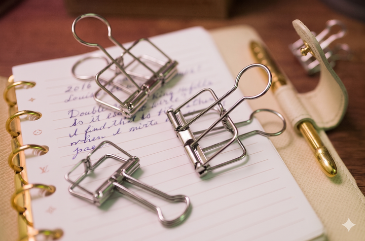 A close-up lifestyle photograph showing three silver TOOLS to LIVEBY skeleton binder clips clamping the lined pages of a cream leather planner, resting next to a premium gold pen on a wooden desk.