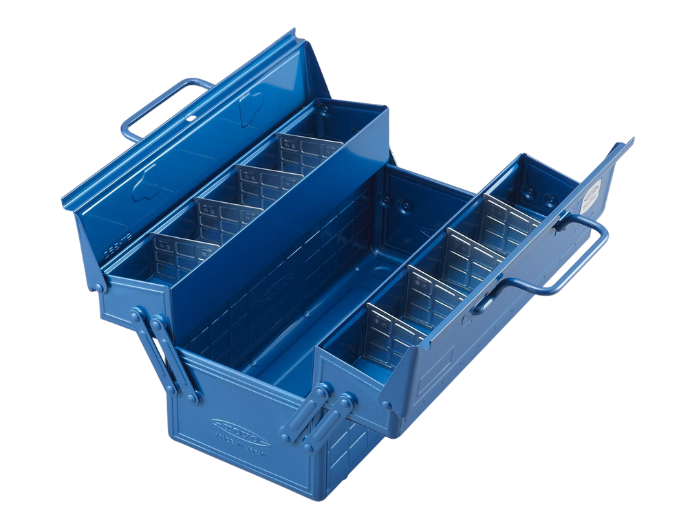 Open Blue TOYO ST-350 Cantilever Steel Toolbox made in Japan, displaying its two-tier expanding trays and removable metal dividers.