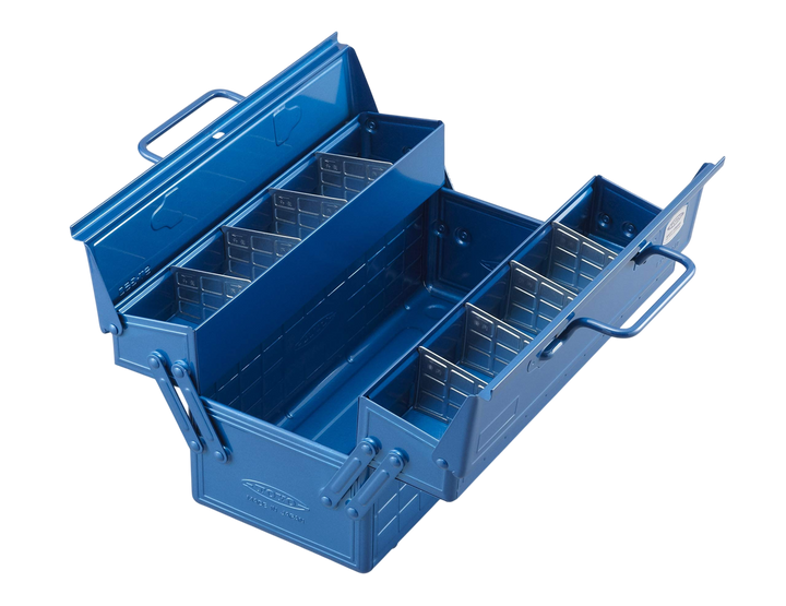 Open Blue TOYO ST-350 Cantilever Steel Toolbox made in Japan, displaying its two-tier expanding trays and removable metal dividers.
