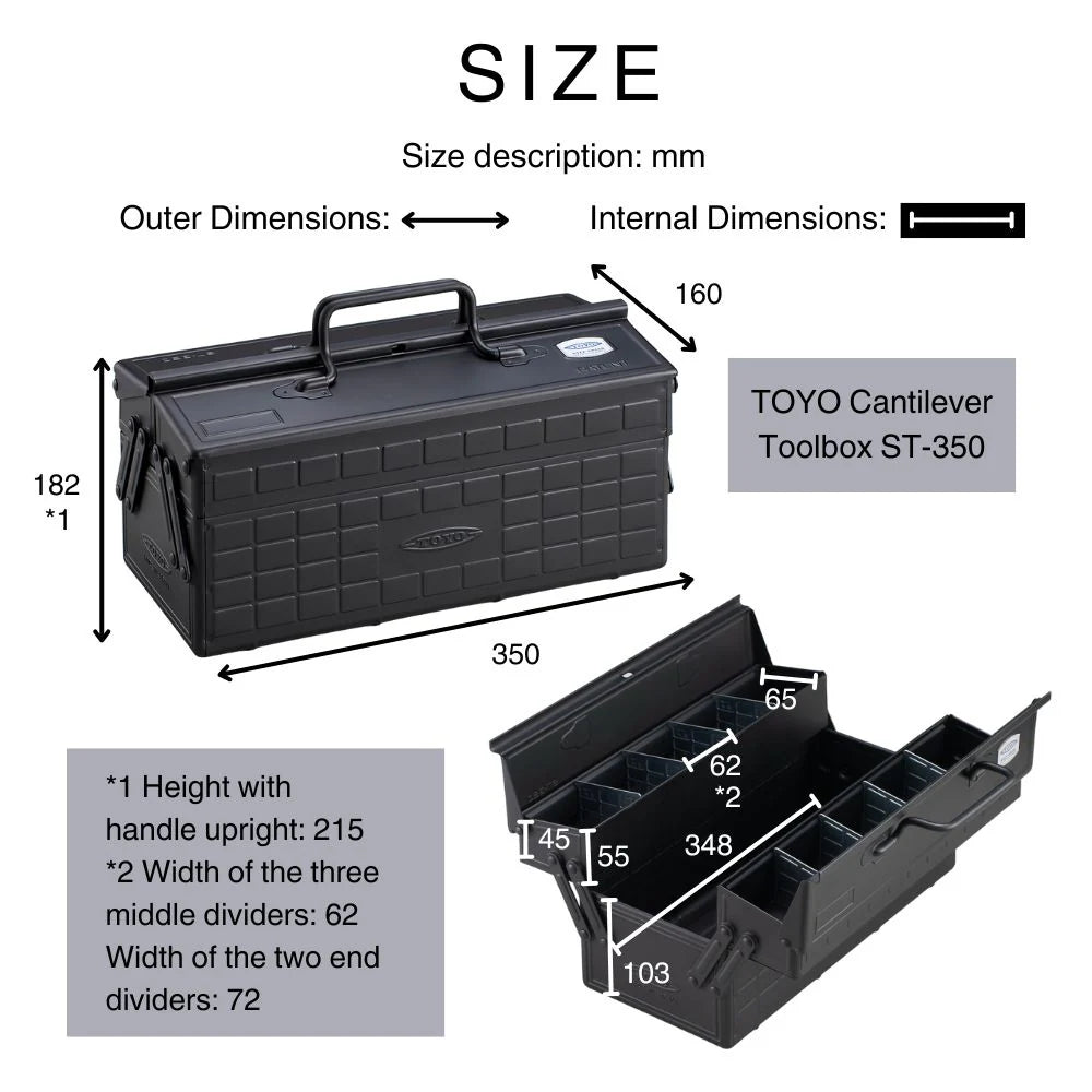 Technical dimension diagram of the TOYO ST-350 Cantilever Toolbox, detailing the outer size, internal compartments, and divider widths in millimeters.