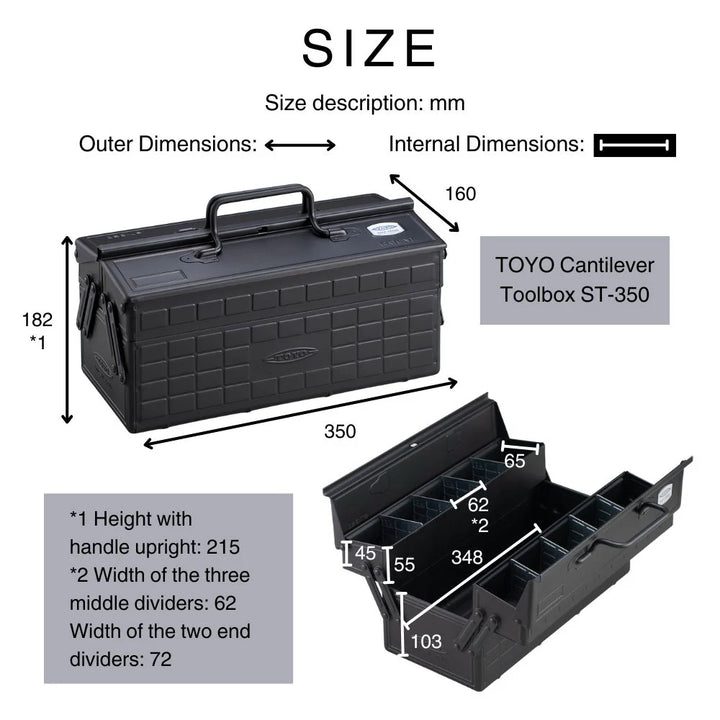 Technical dimension diagram of the TOYO ST-350 Cantilever Toolbox, detailing the outer size, internal compartments, and divider widths in millimeters.