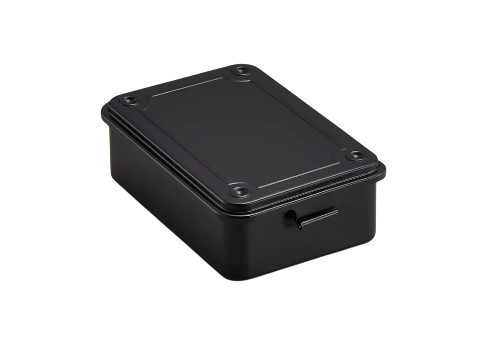 Black TOYO T-150 Steel Toolbox. A compact, palm-sized trunk-shape metal organizer made in Japan, shown closed.