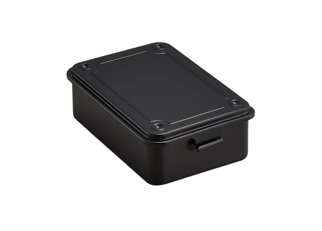 Black TOYO T-150 Steel Toolbox. A compact, palm-sized trunk-shape metal organizer made in Japan, shown closed.