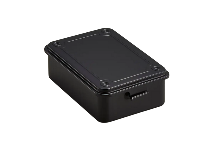 Black TOYO T-150 Steel Toolbox. A compact, palm-sized trunk-shape metal organizer made in Japan, shown closed.