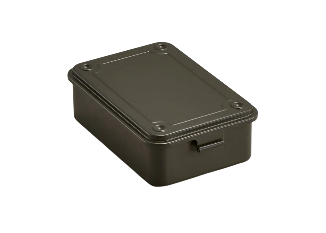 Moss Green TOYO T-150 Steel Toolbox. A compact, palm-sized trunk-shape metal organizer made in Japan, shown closed.