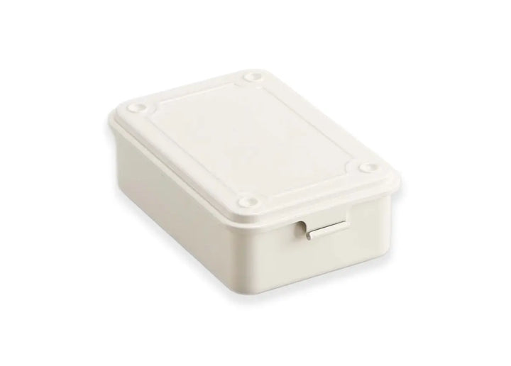 TOYO T-150 Steel Toolbox in White. Compact Japanese pressed steel storage case with a deep profile, domed lid, and smooth hinged closure.