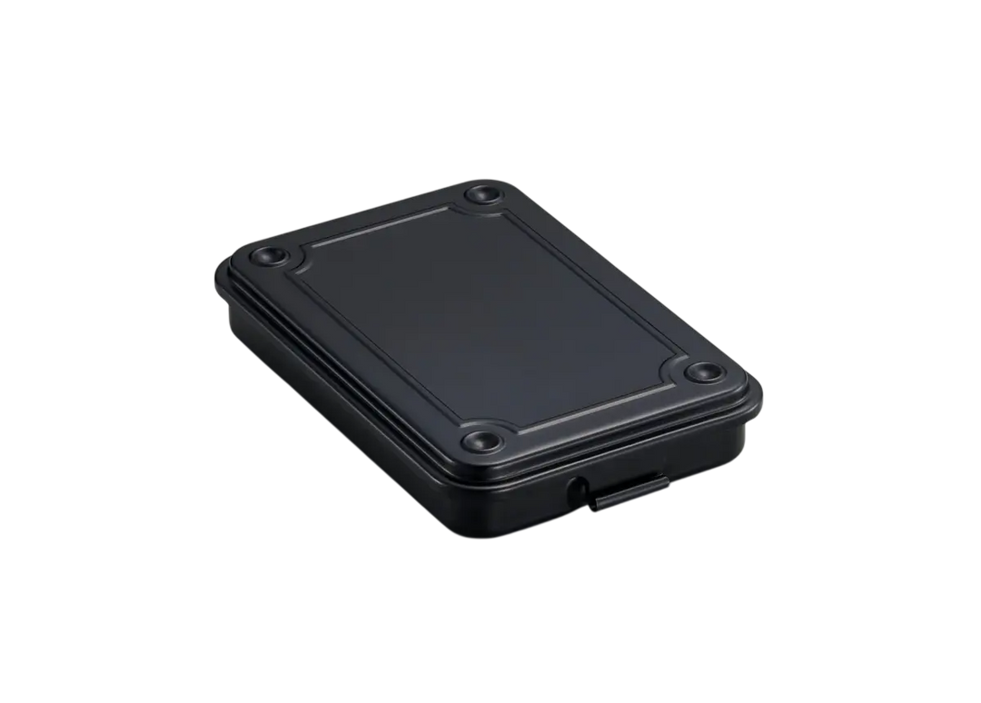 Black TOYO T-152 Steel Toolbox. An ultra-slim, flat metal organizer made in Japan, shown closed.