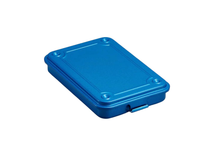 TOYO T-152 Steel Toolbox in Blue. Slim Japanese pressed steel storage case with a flat lid and smooth hinged closure.