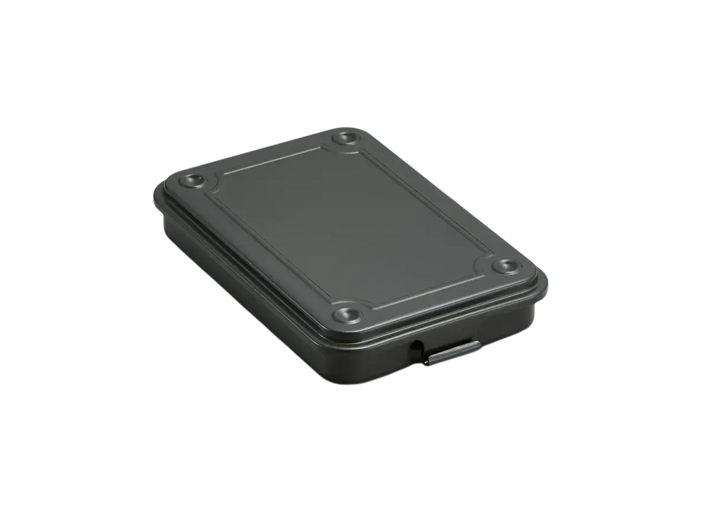 Moss Green TOYO T-152 Steel Toolbox. An ultra-slim, flat metal organizer made in Japan, shown closed.