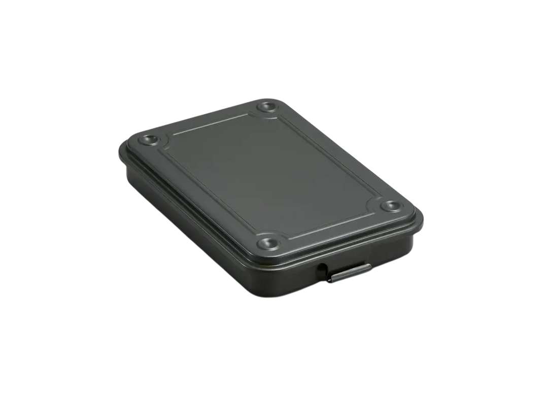 Moss Green TOYO T-152 Steel Toolbox. An ultra-slim, flat metal organizer made in Japan, shown closed.