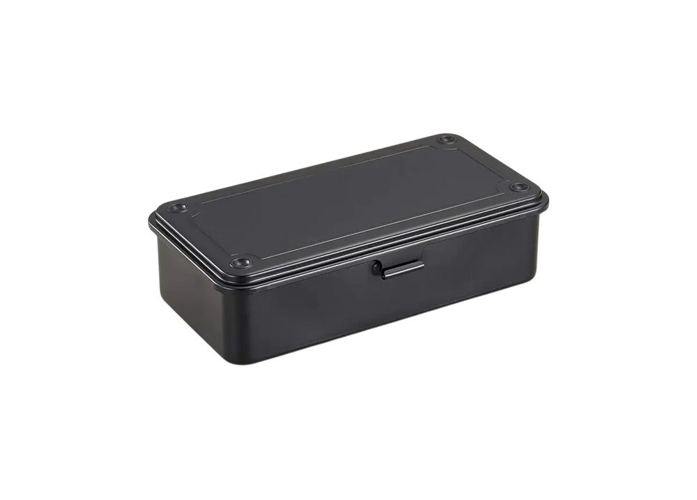 Black TOYO T-190 Steel Toolbox. A classic, seamless trunk-shape metal organizer made in Japan, shown closed.