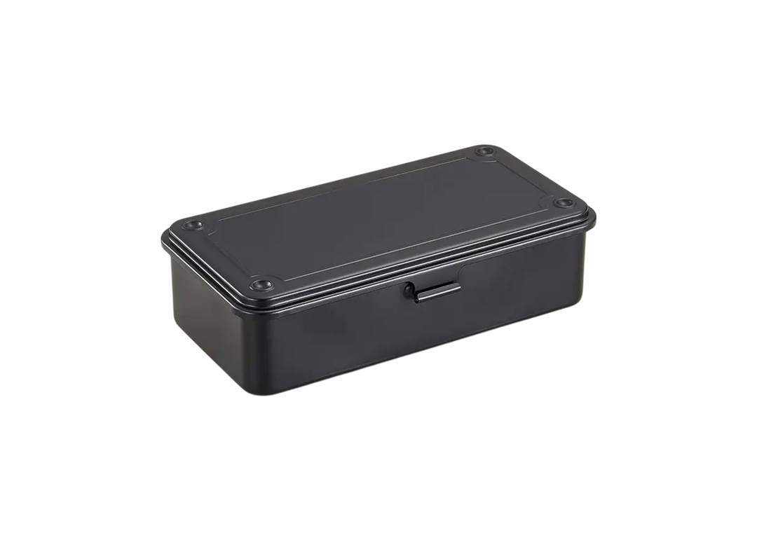 Black TOYO T-190 Steel Toolbox. A classic, seamless trunk-shape metal organizer made in Japan, shown closed.