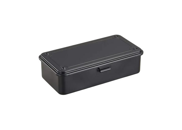 Black TOYO T-190 Steel Toolbox. A classic, seamless trunk-shape metal organizer made in Japan, shown closed.