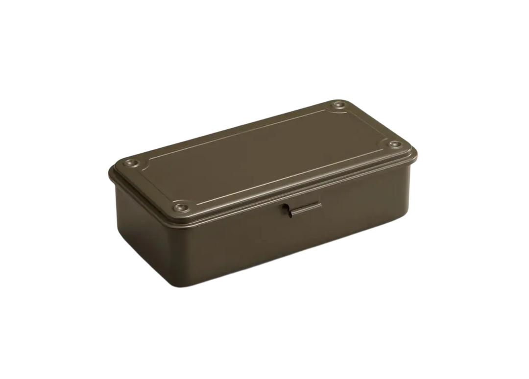 Moss Green TOYO T-190 Steel Toolbox. A classic, seamless trunk-shape metal organizer made in Japan, shown closed.
