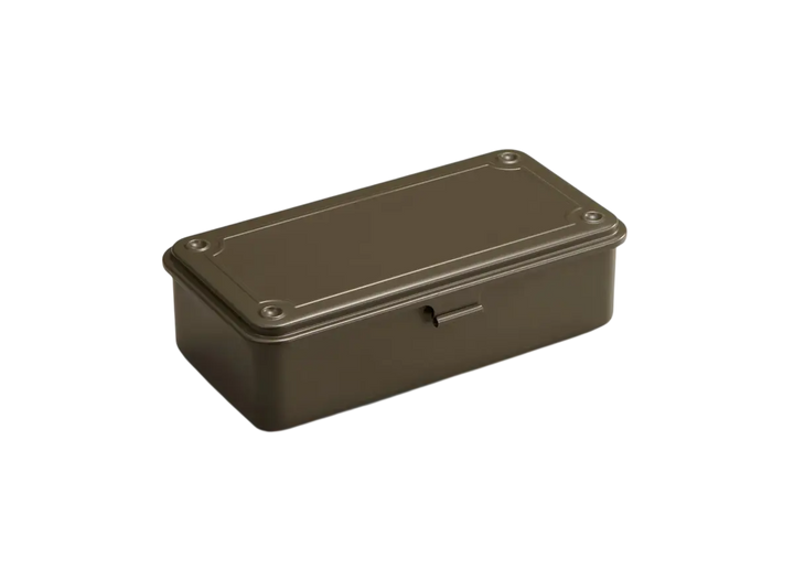Moss Green TOYO T-190 Steel Toolbox. A classic, seamless trunk-shape metal organizer made in Japan, shown closed.