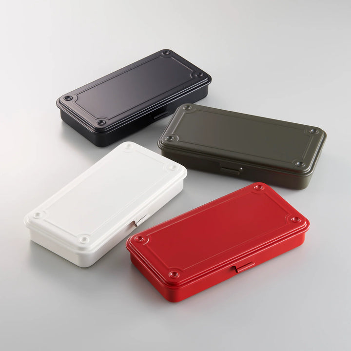 Collection of slim TOYO T-192 Steel Toolboxes in Black, Moss Green, White, and Red, showcasing the seamless Japanese design.