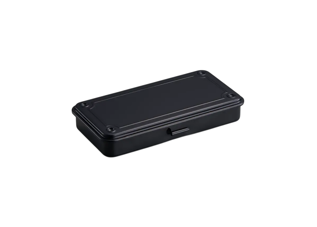 Black TOYO T-192 Steel Toolbox. A slim, seamless trunk-shape metal organizer made in Japan, shown closed.