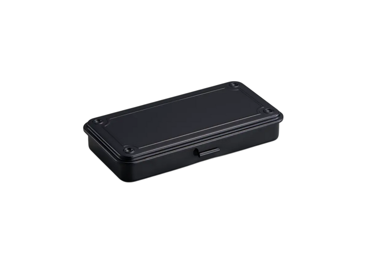 Black TOYO T-192 Steel Toolbox. A slim, seamless trunk-shape metal organizer made in Japan, shown closed.