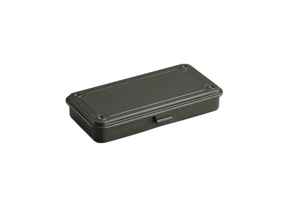 Moss Green TOYO T-192 Steel Toolbox. A slim, seamless trunk-shape metal organizer made in Japan, shown closed.