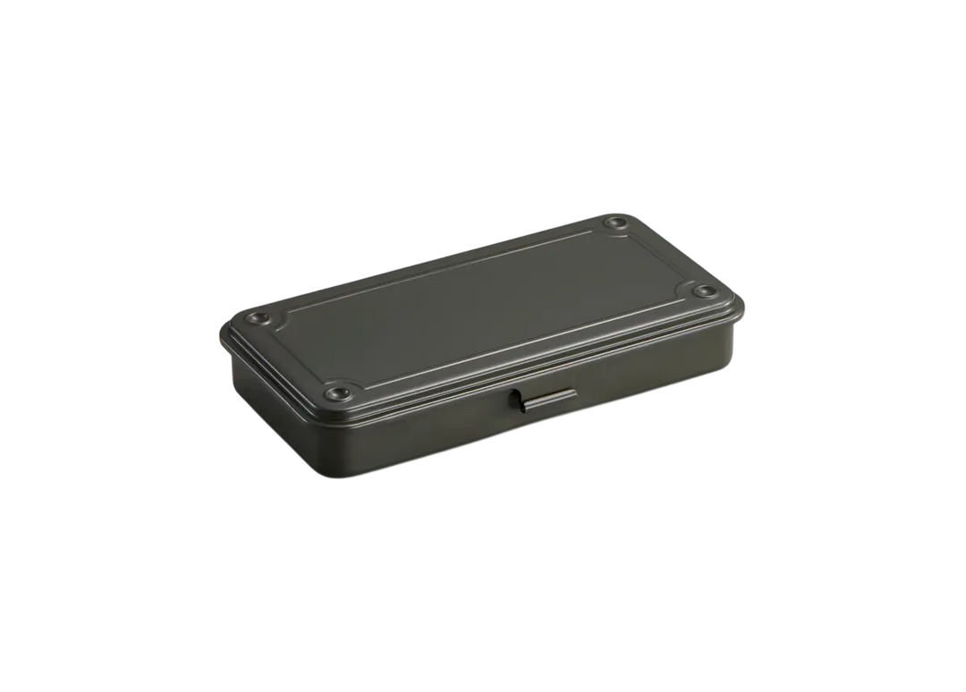 Moss Green TOYO T-192 Steel Toolbox. A slim, seamless trunk-shape metal organizer made in Japan, shown closed.