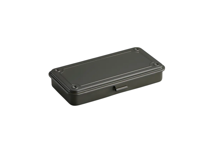 Moss Green TOYO T-192 Steel Toolbox. A slim, seamless trunk-shape metal organizer made in Japan, shown closed.