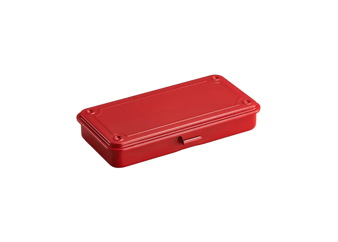 TOYO T-192 Steel Toolbox in Red. A slim, seamless pressed steel Japanese storage box for desk organization, featuring a domed lid with four stacking dimples and a smooth hinged closure.   