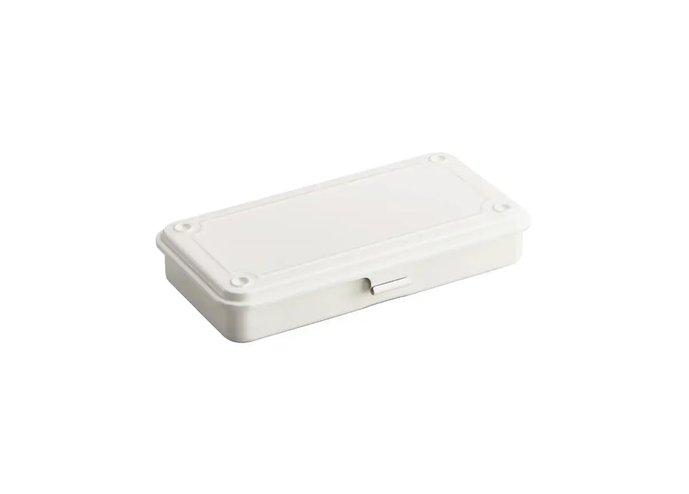 TOYO T-192 Steel Toolbox in White. A low-profile, seamless pressed steel case designed for stationery and everyday carry, shown fully closed to highlight the stackable lid design.   