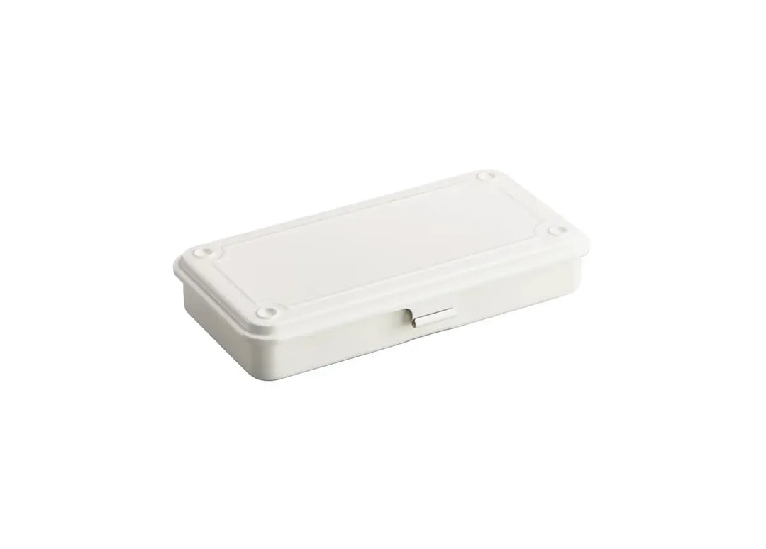 TOYO T-192 Steel Toolbox in White. A low-profile, seamless pressed steel case designed for stationery and everyday carry, shown fully closed to highlight the stackable lid design.   