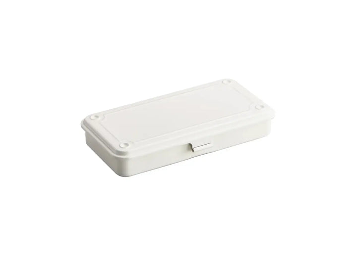TOYO T-192 Steel Toolbox in White. A low-profile, seamless pressed steel case designed for stationery and everyday carry, shown fully closed to highlight the stackable lid design.   