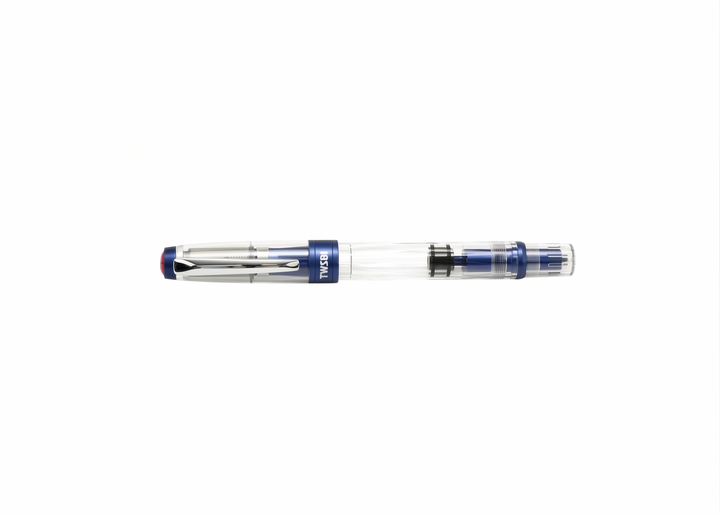 A central, perfectly horizontal product photograph of the capped TWSBI Diamond 580ALR Navy Blue fountain pen, showcasing the clean, professional silhouette and matte navy blue trim on a pristine, seamless white background.
