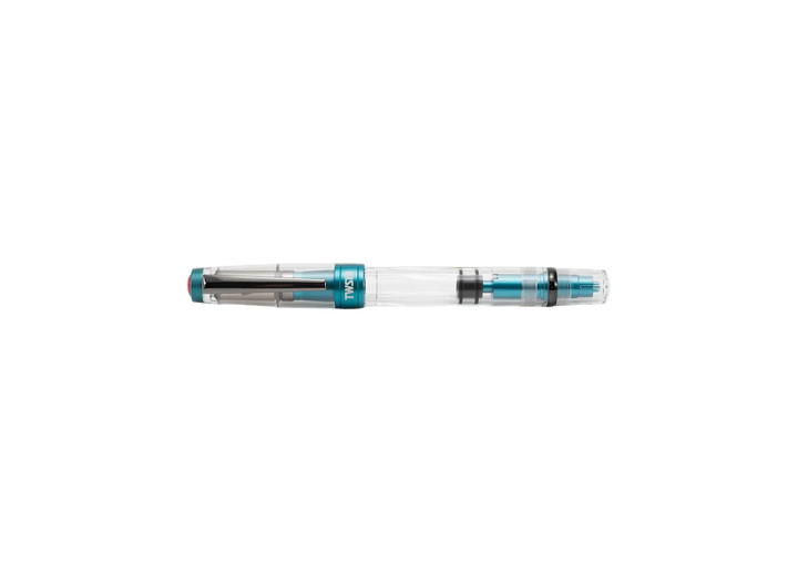 Horizontal profile of the fully capped TWSBI Diamond 580ALR Caribbean Blue fountain pen resting on a clean white background, displaying the cohesive design of the clear barrel, black titanium clip, and blue aluminum piston knob.