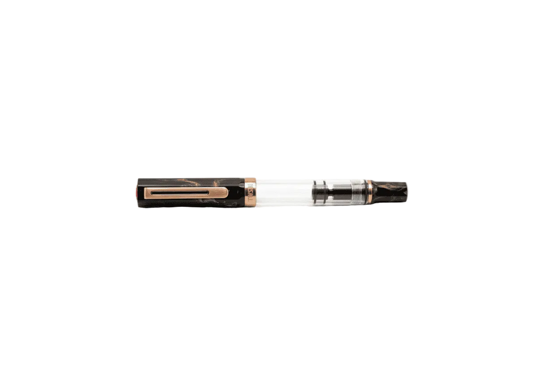Perfectly horizontal profile of the capped TWSBI ECO Marble Bronze fountain pen centered on a pure white background. The clean composition emphasizes the clear demonstrator barrel, the swirled black marble resin cap and blind cap, and the rich bronze-plated pocket clip and trim ring.