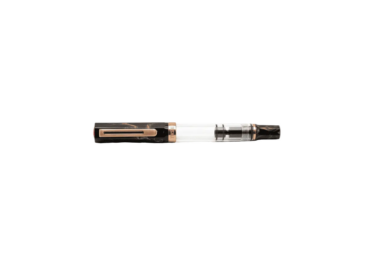Perfectly horizontal profile of the capped TWSBI ECO Marble Bronze fountain pen centered on a pure white background. The clean composition emphasizes the clear demonstrator barrel, the swirled black marble resin cap and blind cap, and the rich bronze-plated pocket clip and trim ring.
