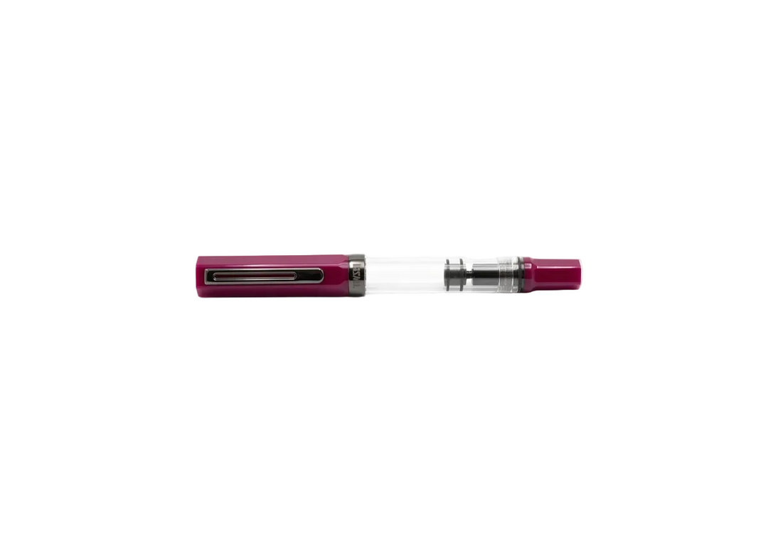 Perfectly horizontal profile of the capped TWSBI ECO Plum Onyx fountain pen centered on a pure white background. The clean, straight-on composition emphasizes the clear demonstrator barrel, the rich plum purple resin cap and blind cap, and the stealthy onyx black pocket clip and trim rings.