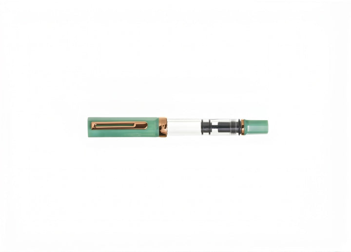 Capped TWSBI ECO Jade Jelly Bronze fountain pen, horizontal side profile view showing the bronze cap band and internal piston mechanism on a pure white background.