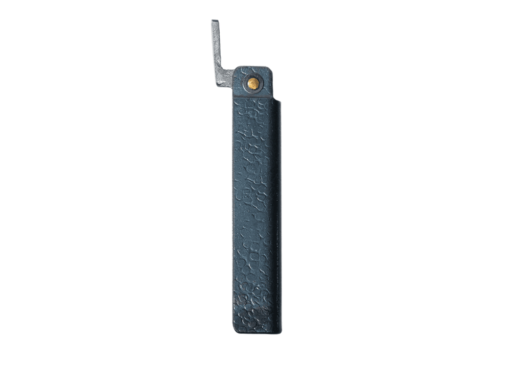 Closed large Tomita White Steel Higo knife showcasing the textured black tsuchime iron handle and traditional chikiri lever.