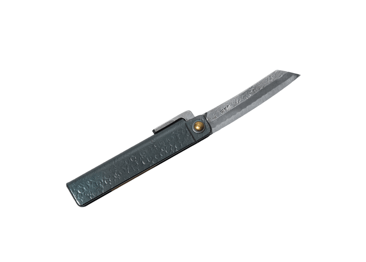 Fully open Tomita Higo knife displaying the Shirogami #2 steel traditional blade, black tsuchime handle, and signature Midareba wave pattern.