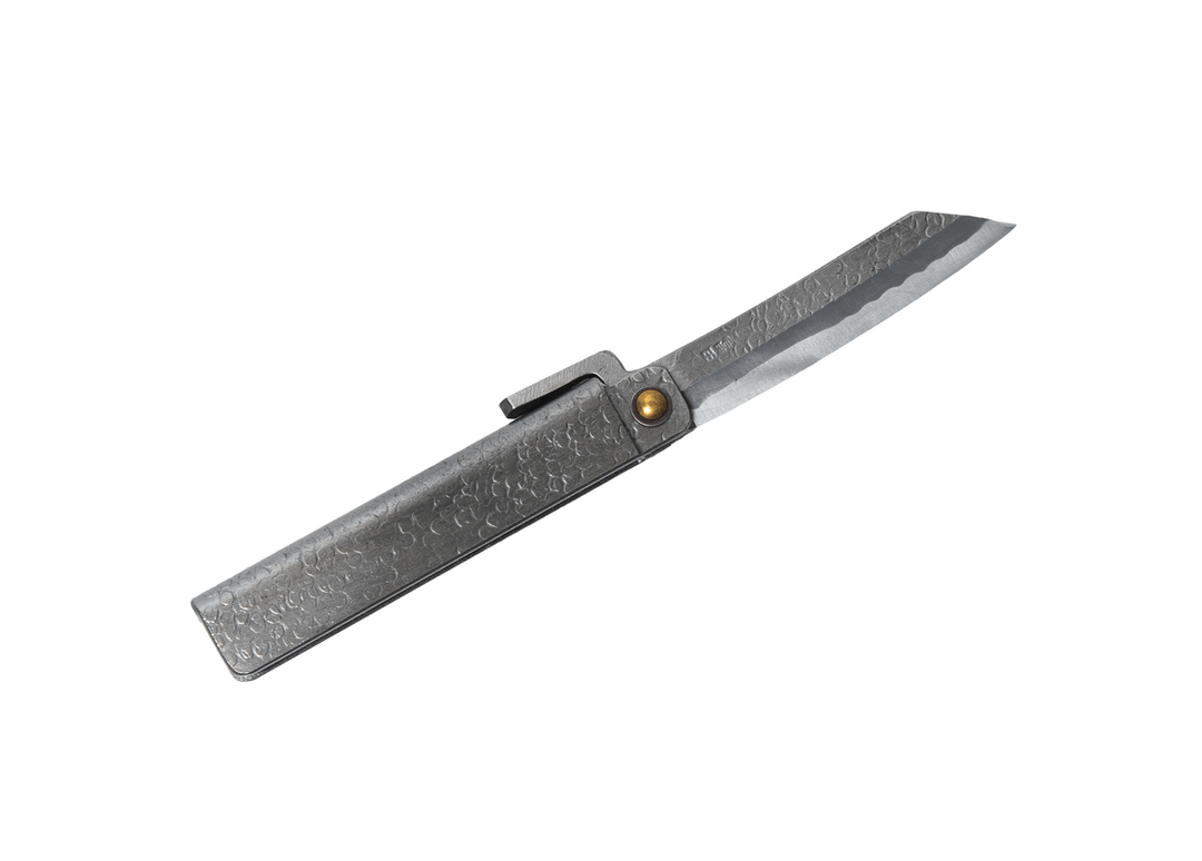 Fully open large Tomita Higo knife displaying the Shirogami #2 steel traditional blade, silver tsuchime handle, and signature Midareba wave pattern.