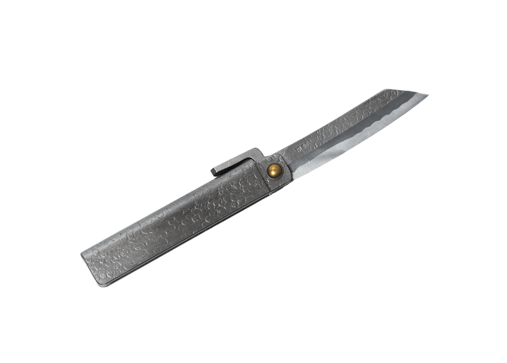 Fully open large Tomita Higo knife displaying the Shirogami #2 steel traditional blade, silver tsuchime handle, and signature Midareba wave pattern.