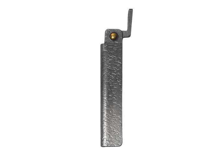 Profile view of the closed large Tomita Higo friction folder, highlighting the hand-forged silver hammered iron handle and brass pivot.
