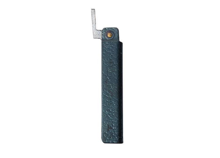 Closed Tomita White Steel Kengata Higo knife showcasing the textured black tsuchime iron handle and traditional chikiri lever.