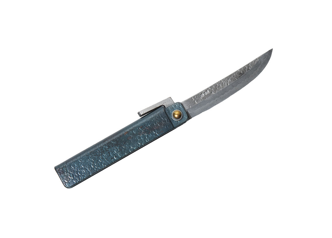 Fully open large Tomita Higo knife displaying the Shirogami #2 steel Kengata blade, black tsuchime handle, and signature Midareba wave pattern.