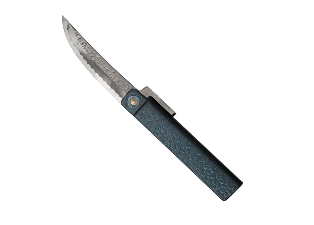 Fully open Tomita Kengata Higo knife displaying the Shirogami #2 steel blade, hammered spine, and signature Midareba wave pattern.