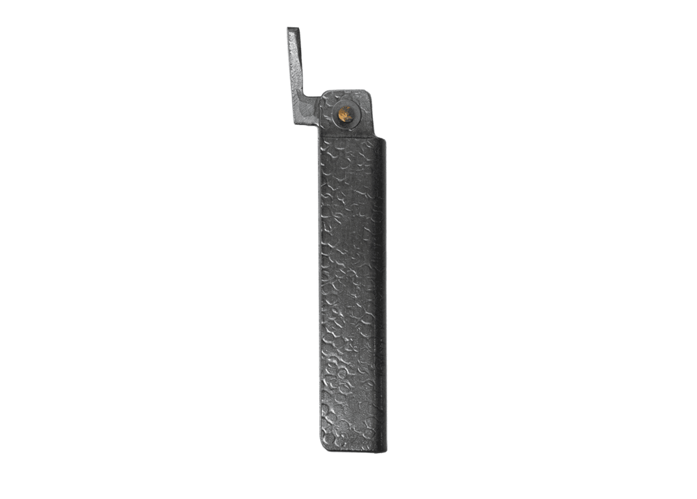 Profile view of the closed large Tomita Higo friction folder, highlighting the hand-forged silver hammered iron handle and brass pivot.