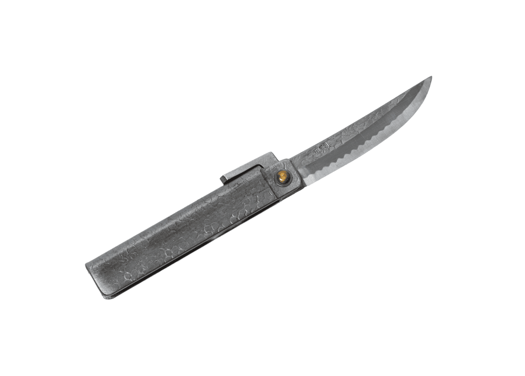 Fully open large Tomita Higo knife displaying the Shirogami #2 steel Kengata blade, silver tsuchime handle, and signature Midareba wave pattern.