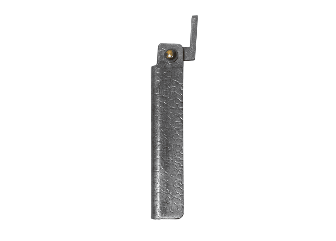 Closed Tomita White Steel Kengata Higo knife showcasing the textured silver tsuchime iron handle and traditional chikiri lever.