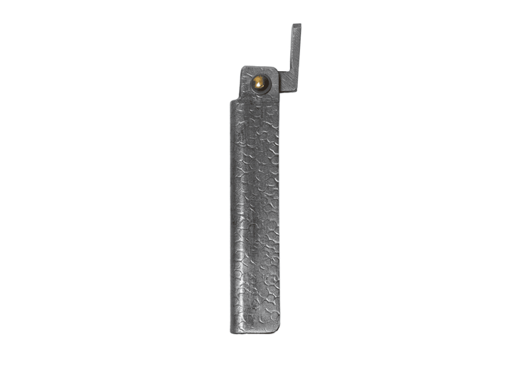 Closed Tomita White Steel Kengata Higo knife showcasing the textured silver tsuchime iron handle and traditional chikiri lever.