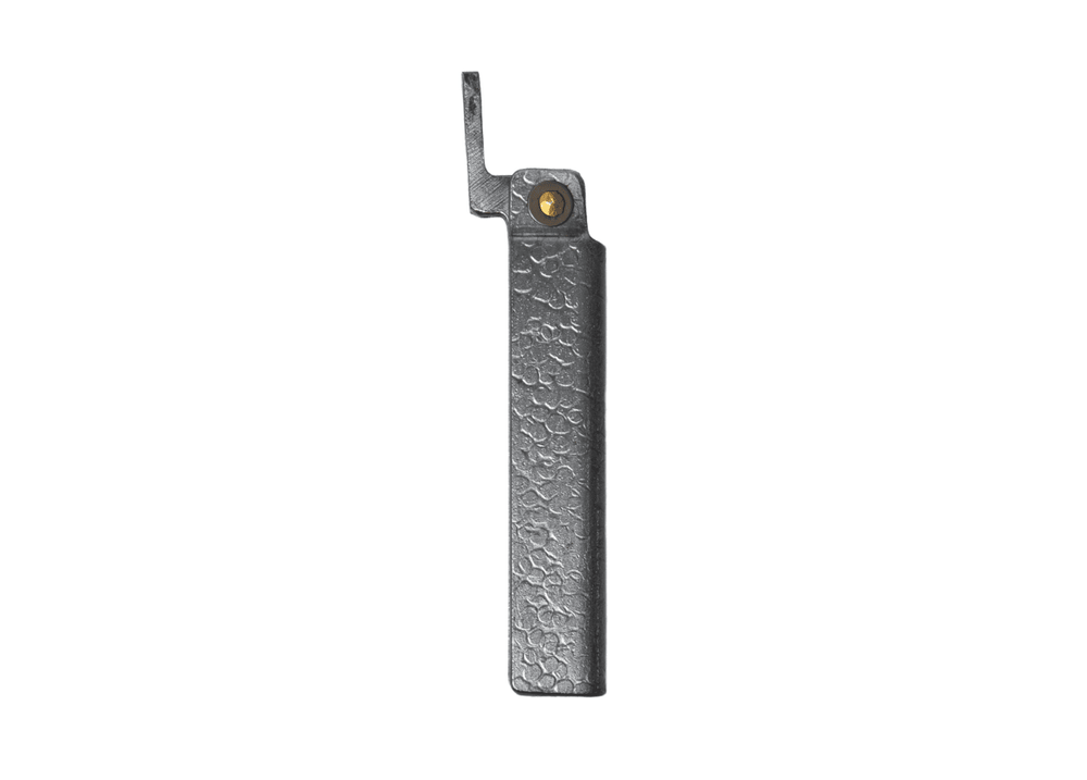 Profile view of the closed Tomita Higo friction folder, highlighting the hand-forged silver hammered iron handle and brass pivot.