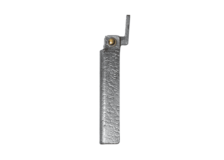 Closed Tomita White Steel Kengata Higo knife showcasing the textured silver tsuchime iron handle and traditional chikiri lever.