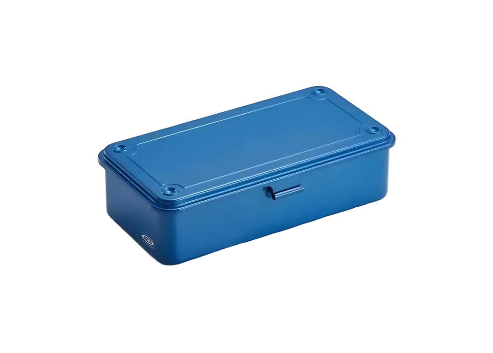 Toyo T-190 Steel Toolbox in Blue. A compact, seamless pressed steel desk organizer and everyday carry case made in Japan, shown fully closed.  
